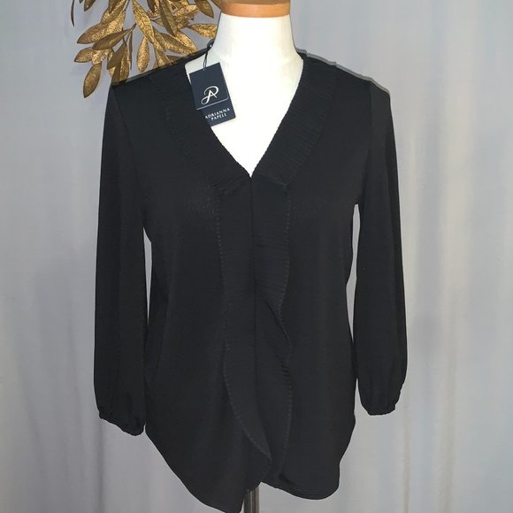 NWT Adrianna Papell Black Ruffled Blouse- Size Medium - Picture 1 of 4